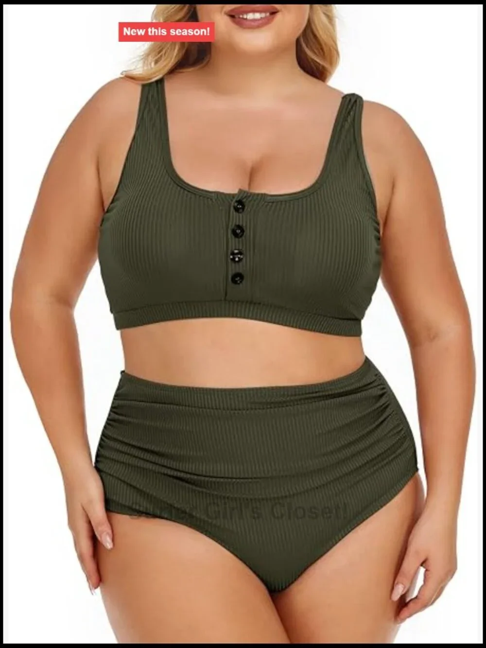 Plus Size Women Ribbed Bikini Set High Waist Tummy Control Scoop Top Swimwear
